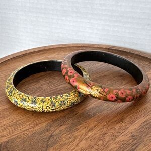 Vintage Set 2 Tree Of Life And 2 Birds Flowers Painted Wood Bangle Bracelets